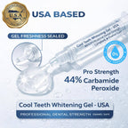 Cool Teeth Whitening Gel in a clear syringe-style applicator with a gel droplet shown below, on a light blue-white background with text reading USA Based, Gel Freshness Sealed, and 44% Carbamide Peroxide.