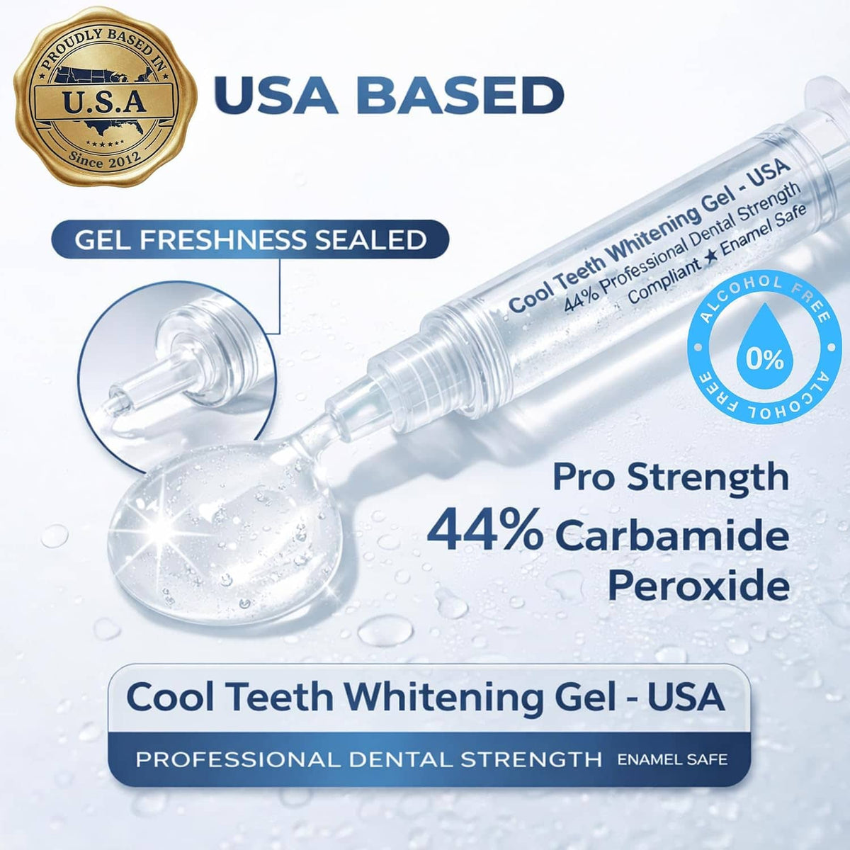 Cool Teeth Whitening Gel in a clear syringe-style applicator with a gel droplet shown below, on a light blue-white background with text reading USA Based, Gel Freshness Sealed, and 44% Carbamide Peroxide.