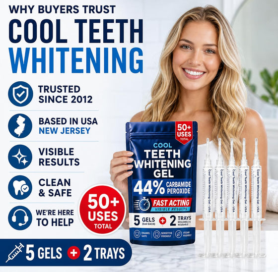 Cool Teeth Whitening 44% carbamide peroxide gel syringes and kit contents