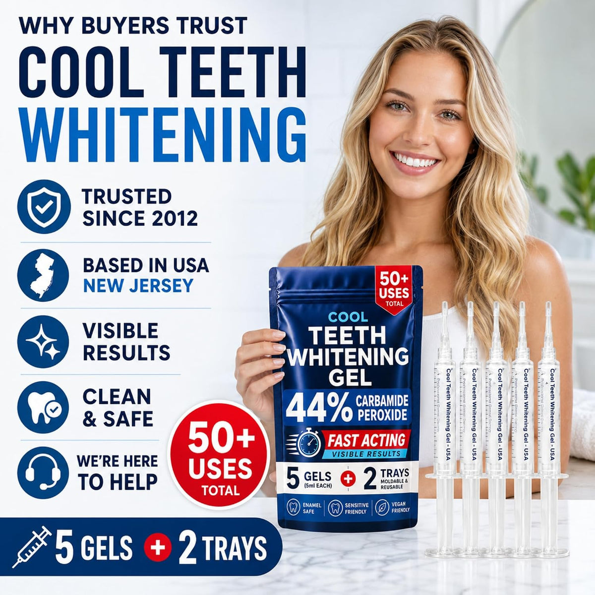 Cool Teeth Whitening 44% carbamide peroxide gel syringes and kit contents