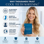A smiling blonde woman holds a blue pouch of the product on the right side. based in new jersey, since 2012; 2 million gels sold worldwide