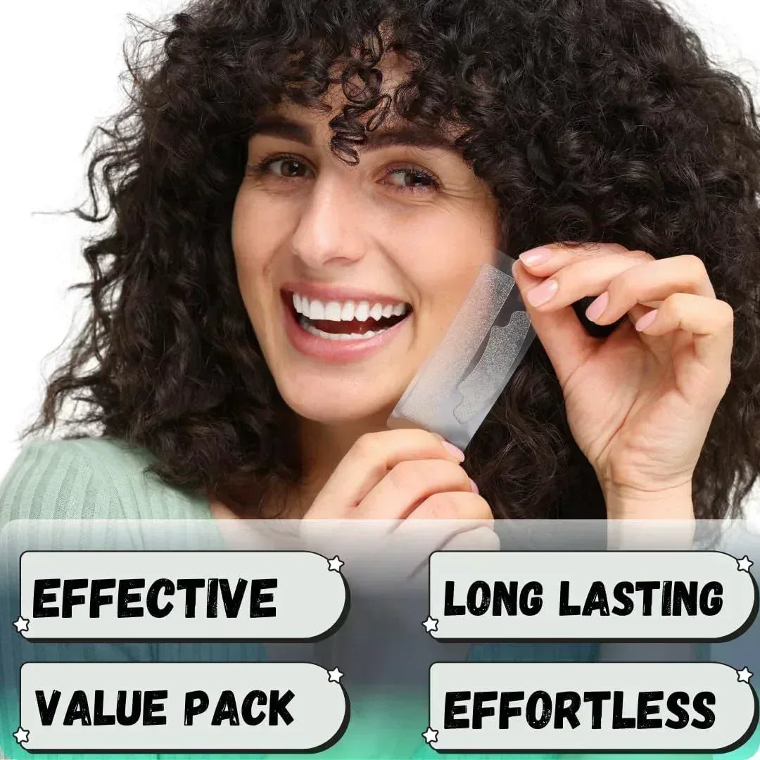  teeth whitening strips with a text overlay about product features