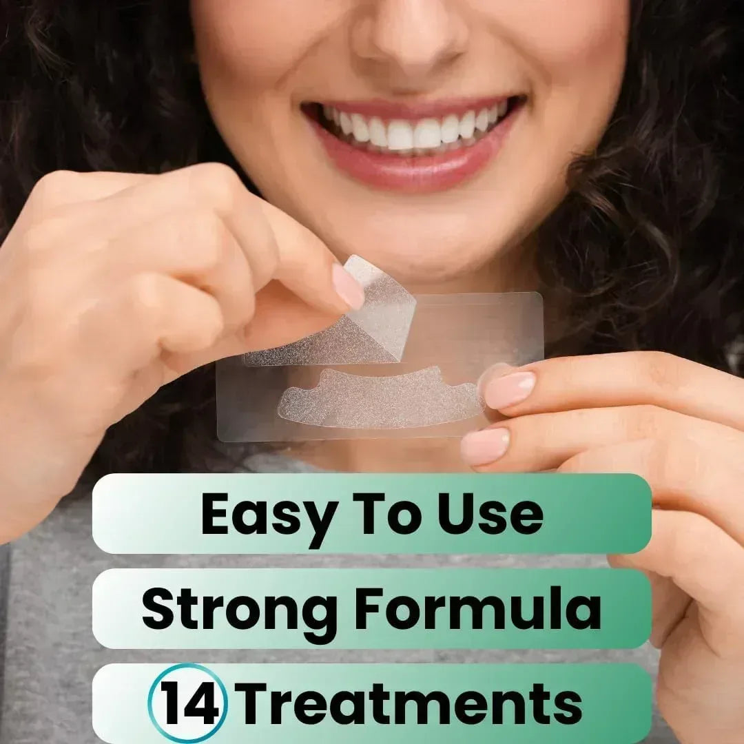 Person holding teeth whitening strips with text about its ease of use and effectiveness.