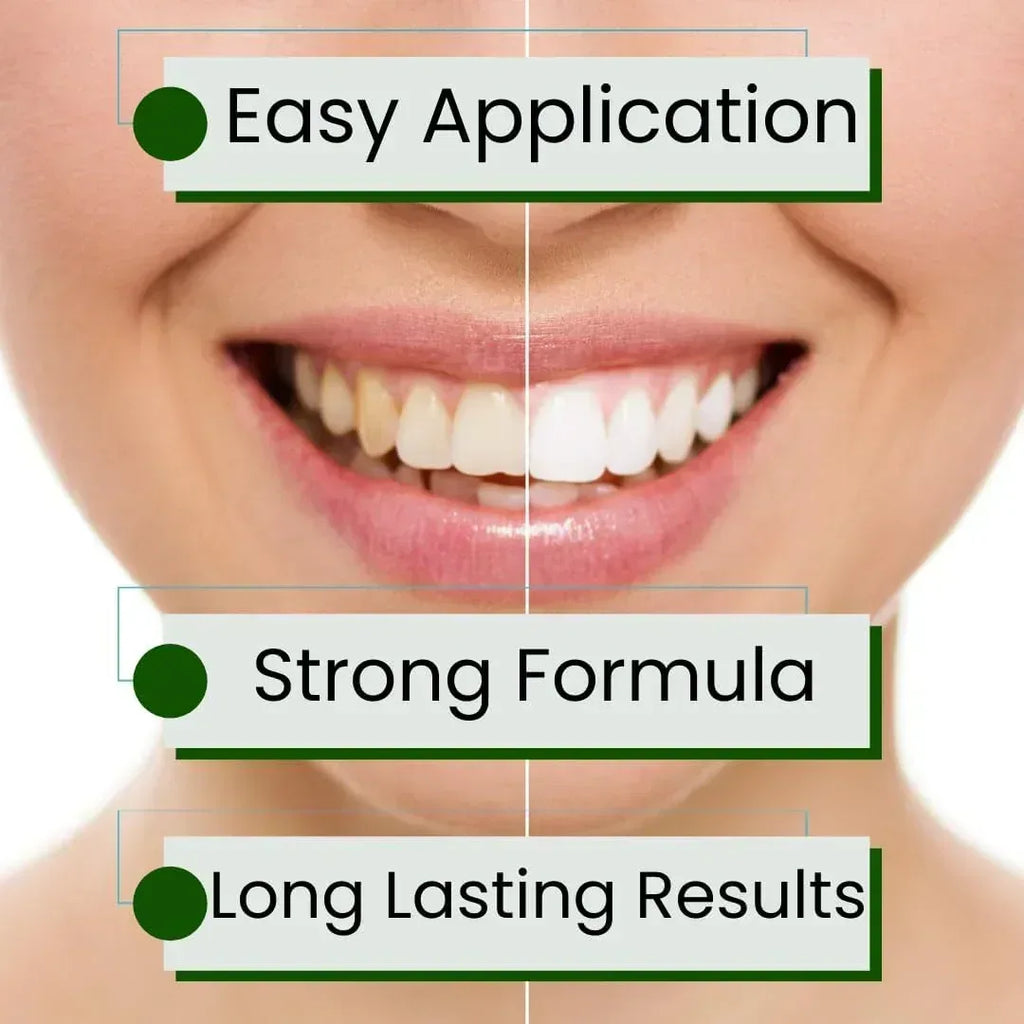 Close-up of a smiling person with text overlay about easy application, strong formula, and long-lasting results of  teeth whitening strips