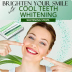Promotional image for cool teeth whitening strips with a woman pointing to her smile.