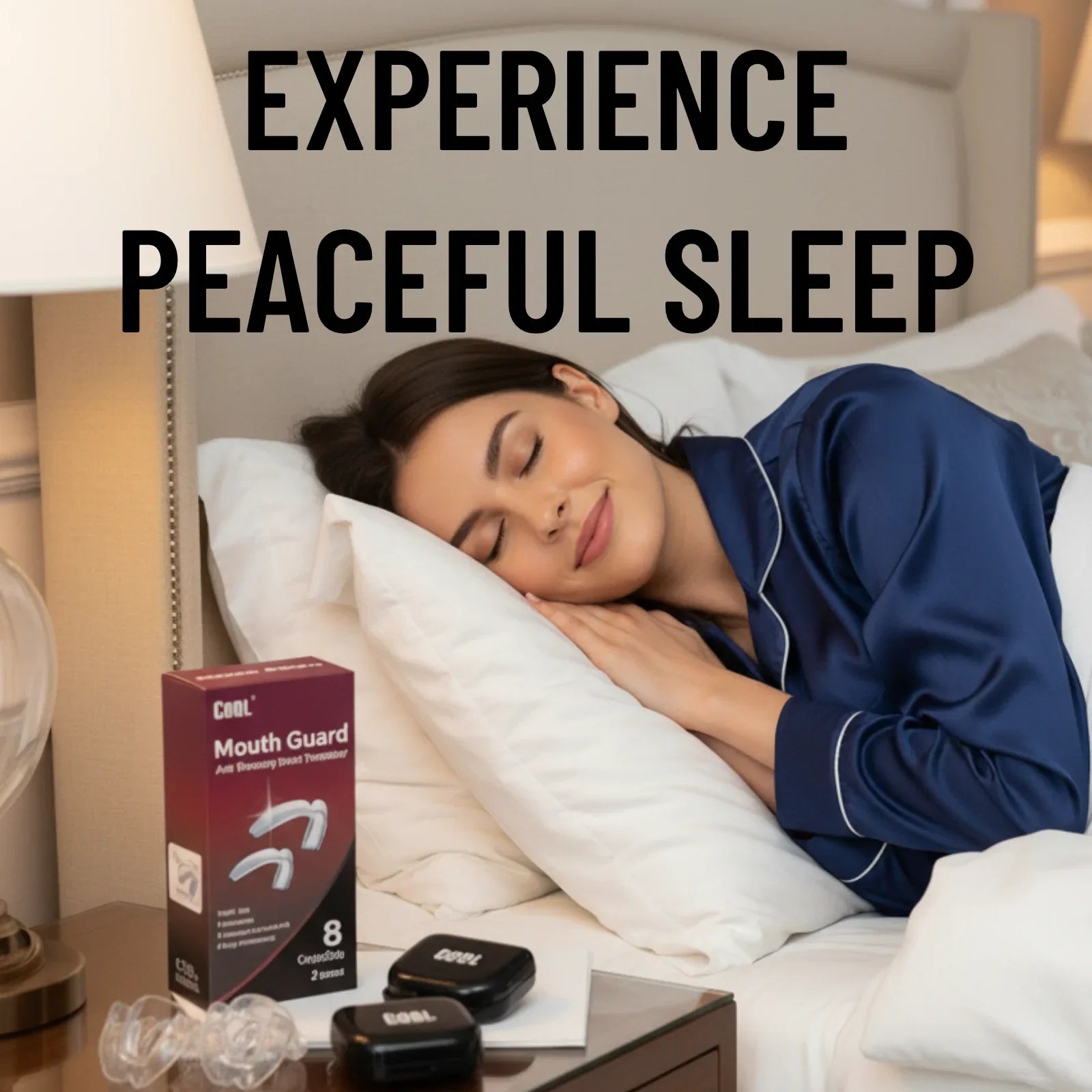 Woman sleeping in bed with a mouth guard product on a nightstand.