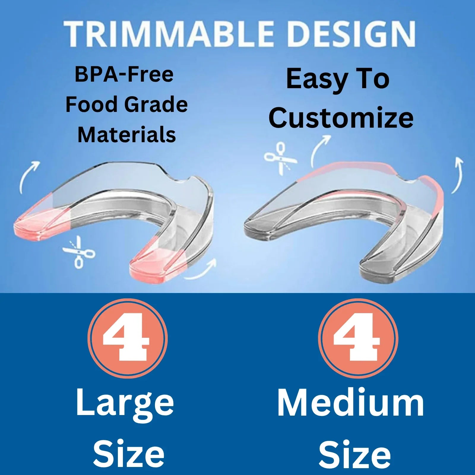 Two dental mouth guards for grinding with text highlighting features on a blue background