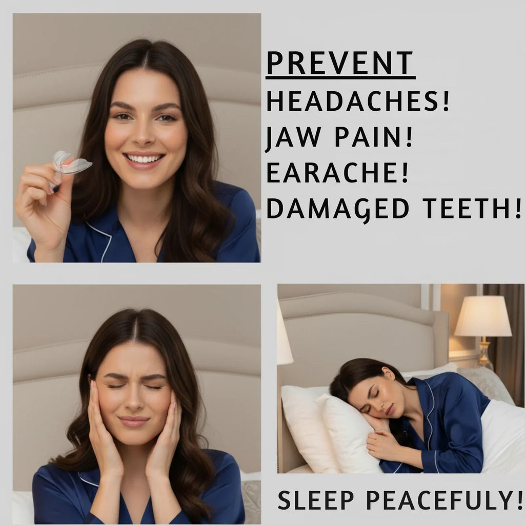 Woman holding a small device with text about preventing headaches, jaw pain, earache, and damaged teeth, and sleeping peacefully.