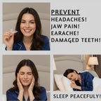 Woman holding a small device with text about preventing headaches, jaw pain, earache, and damaged teeth, and sleeping peacefully.