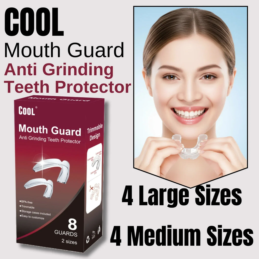 Mouth guard packaging with a woman holding a clear mouth guard, labeled 'Cool Mouth Guard Anti Grinding Teeth Protector'.