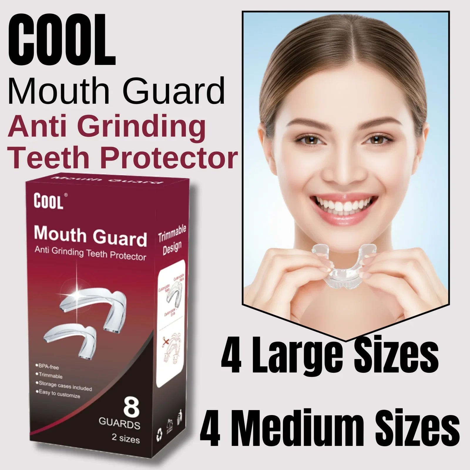 Mouth guard packaging with a woman holding a clear mouth guard, labeled 'Cool Mouth Guard Anti Grinding Teeth Protector'.