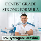 Person in a dental setting with text about a dentist-grade strong formula and 6% hydrogen peroxide  teeth whitening strips