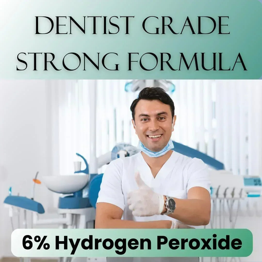 Person in a dental setting with text about a dentist-grade strong formula and 6% hydrogen peroxide  teeth whitening strips