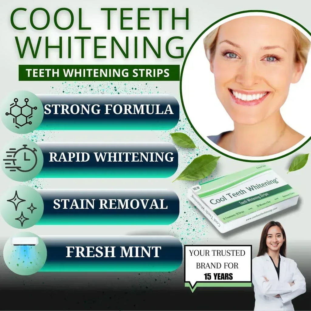 Teeth whitening strips advertisement with a woman's face and product packaging.