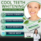 Teeth whitening strips advertisement with a woman's face and product packaging.