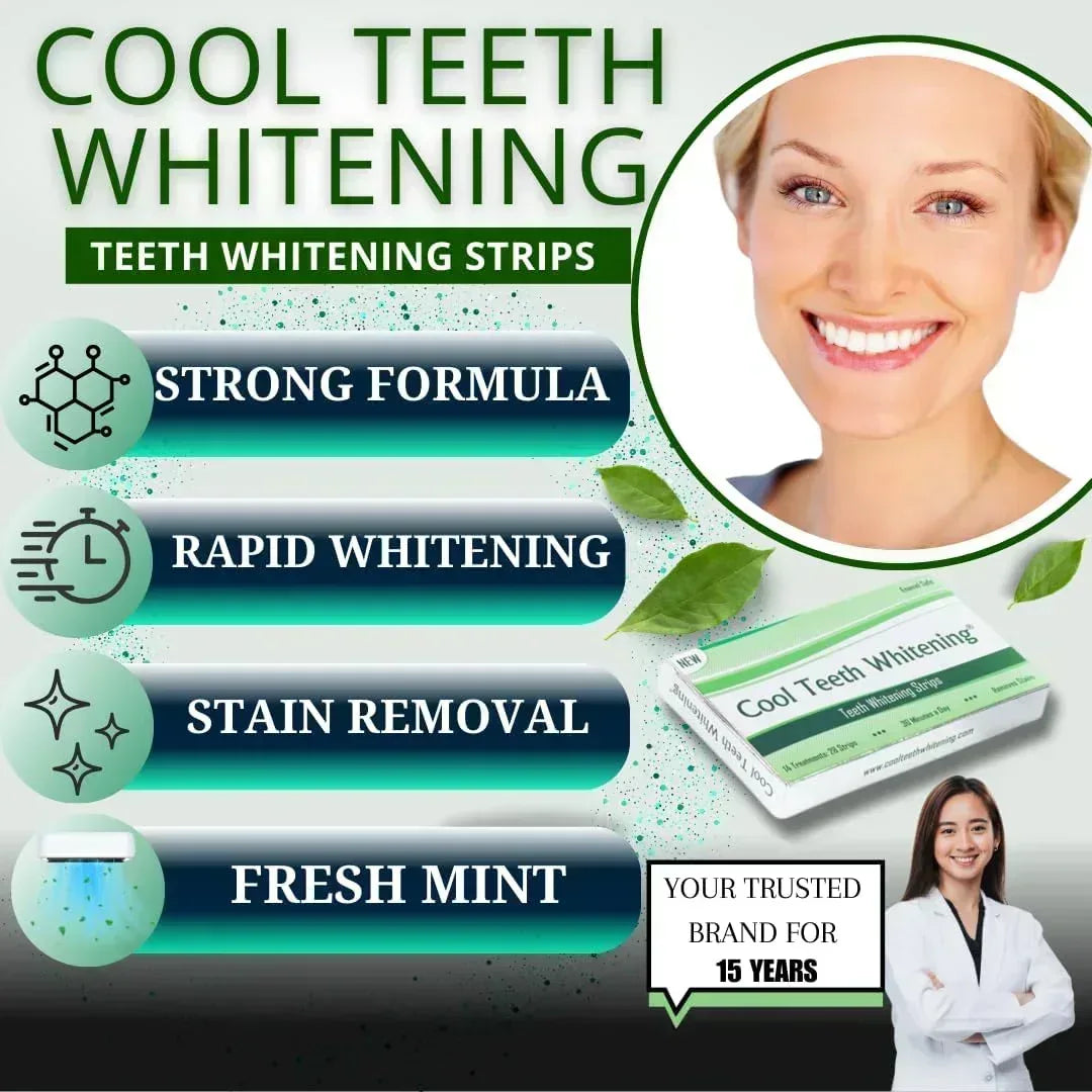 Teeth whitening strips advertisement with a woman's face and product packaging.