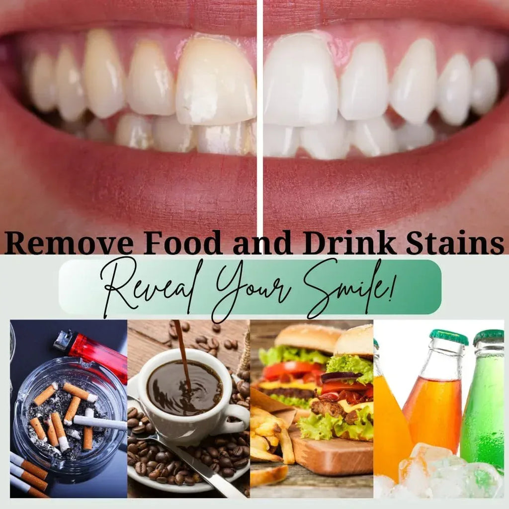  teeth whitening strips with images of food and drinks that stain teeth.