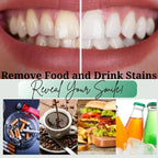  teeth whitening strips with images of food and drinks that stain teeth.