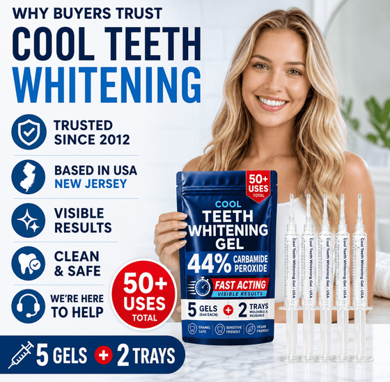 A woman holding a blue pouch of Cool Teeth Whitening Gel stands in a bright bathroom-like setting with several white gel trays beside it. Large marketing text on the left reads 'Why Buyers Trust Cool Teeth Whitening' with trust badges and claims, and the pouch says 35% carbamide peroxide, 5 gels, and 2 trays.