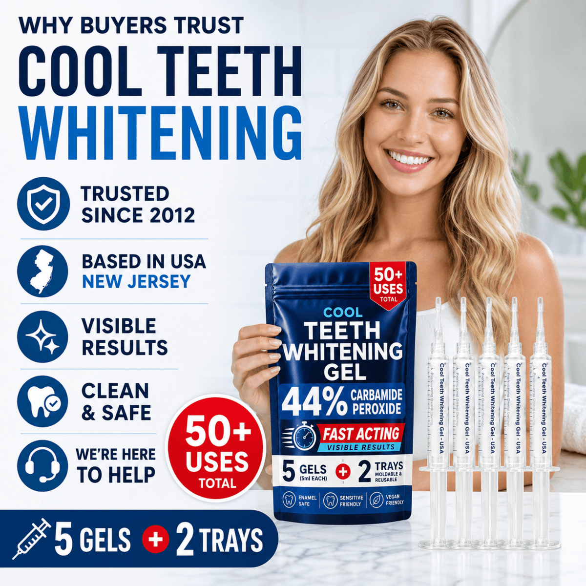 A woman holding a blue pouch of Cool Teeth Whitening Gel stands in a bright bathroom-like setting with several white gel trays beside it. Large marketing text on the left reads 'Why Buyers Trust Cool Teeth Whitening' with trust badges and claims, and the pouch says 35% carbamide peroxide, 5 gels, and 2 trays.