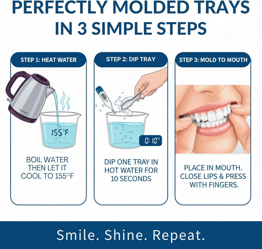 Moldable Teeth Whitening Trays - 4 Trays + 2 White Cases