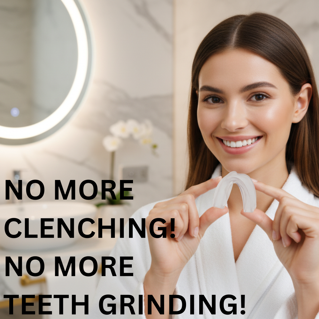 Woman holding a dental appliance with text about clenching and teeth grinding in a bathroom setting.