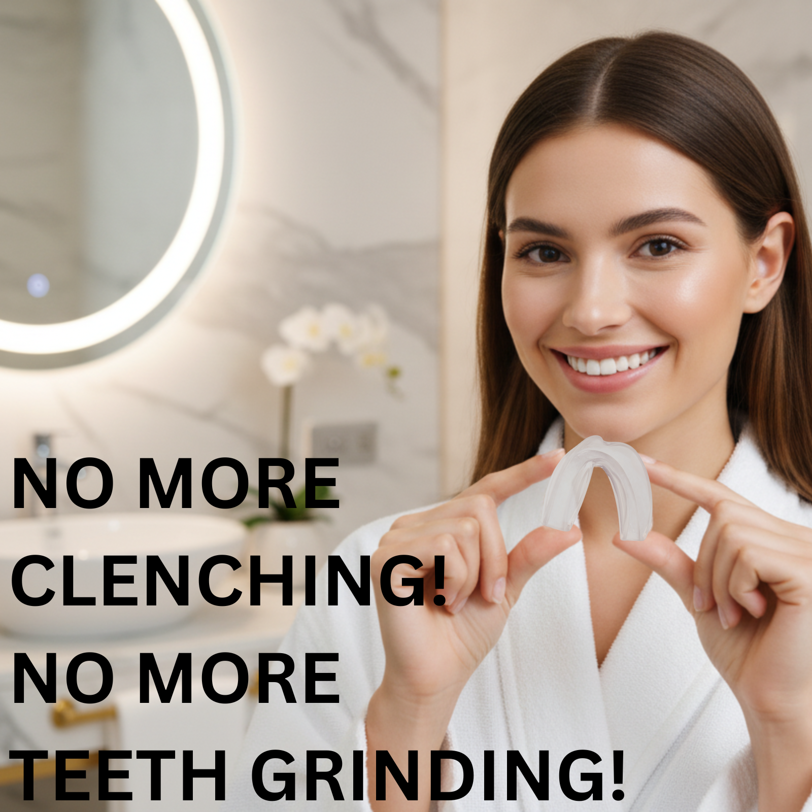 Woman holding a dental appliance with text about clenching and teeth grinding in a bathroom setting.