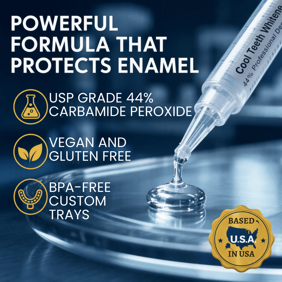 Promotional graphic for Cool Teeth Whitening showing a clear syringe dispensing liquid into a glass vial on a petri dish, with marketing text about USP Grade 44 carbamide peroxide, vegan and gluten free, BPA-free custom trays, and a gold 'Based on USA in USA' badge.