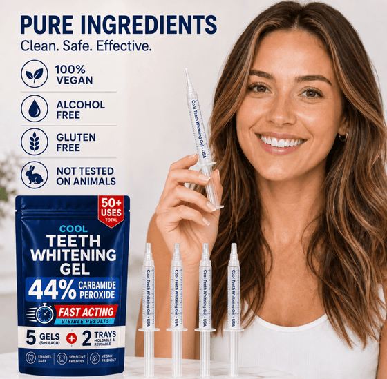 A smiling woman holds a syringe while standing beside a blue pouch of Cool Teeth Whitening Gel and several gel syringes on a light studio background. Text on the left highlights pure ingredients, vegan formulation, alcohol-free, gluten-free, and not tested on animals.