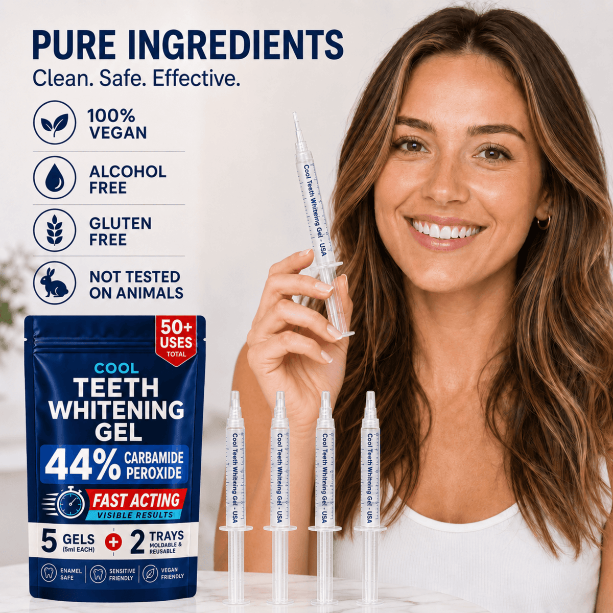 A smiling woman holds a syringe while standing beside a blue pouch of Cool Teeth Whitening Gel and several gel syringes on a light studio background. Text on the left highlights pure ingredients, vegan formulation, alcohol-free, gluten-free, and not tested on animals.