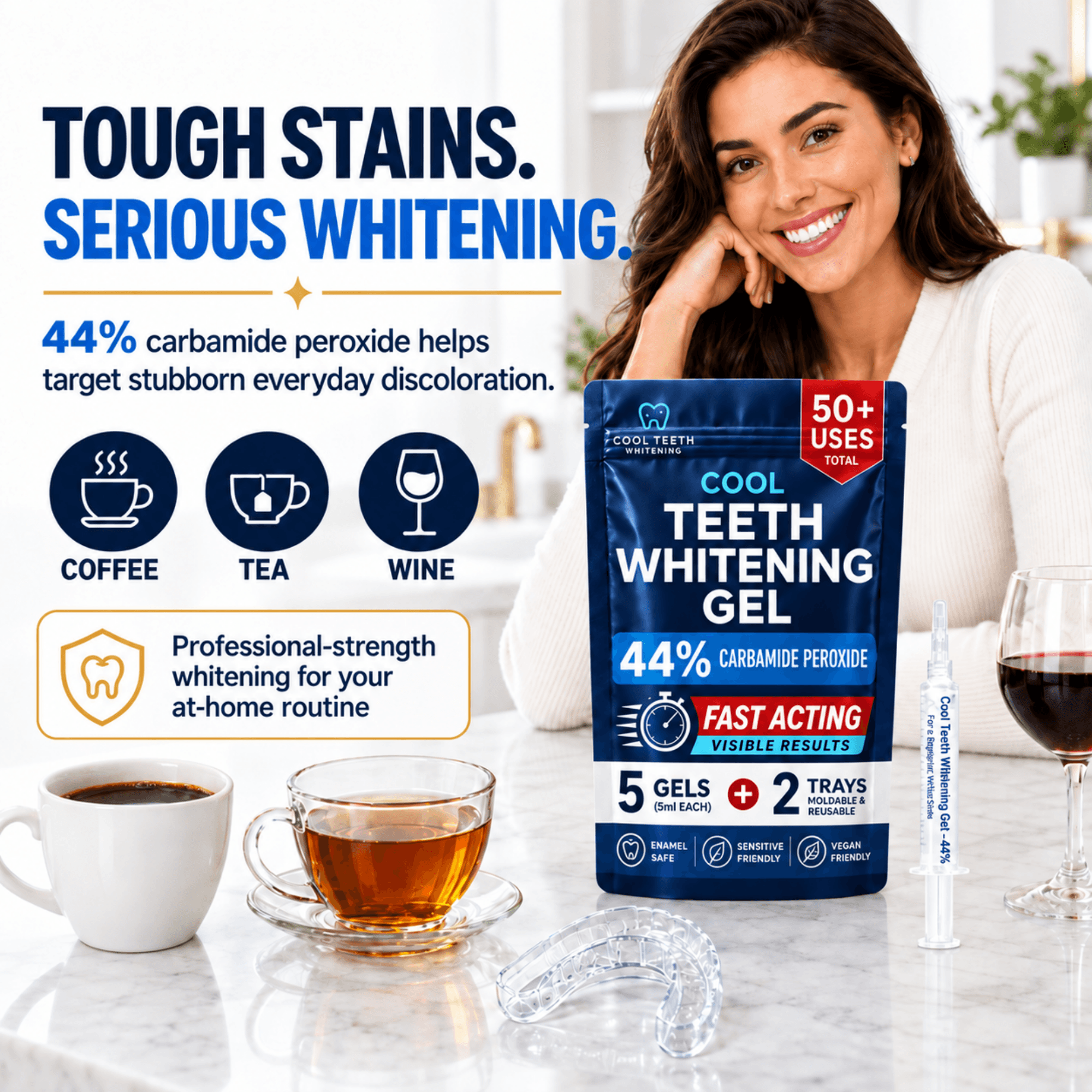 A woman smiling beside a package of Cool Teeth Whitening Gel on a kitchen counter, with cups of coffee, tea, and wine, plus a syringe and clear mouth trays. Large text reads 'TOUGH STAINS.