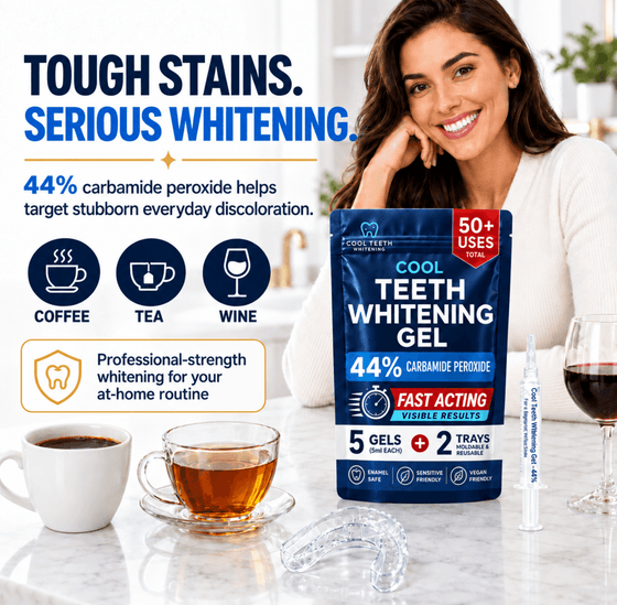 A woman smiling beside a package of Cool Teeth Whitening Gel on a kitchen counter, with cups of coffee, tea, and wine, plus a syringe and clear mouth trays. Large text reads 'TOUGH STAINS.