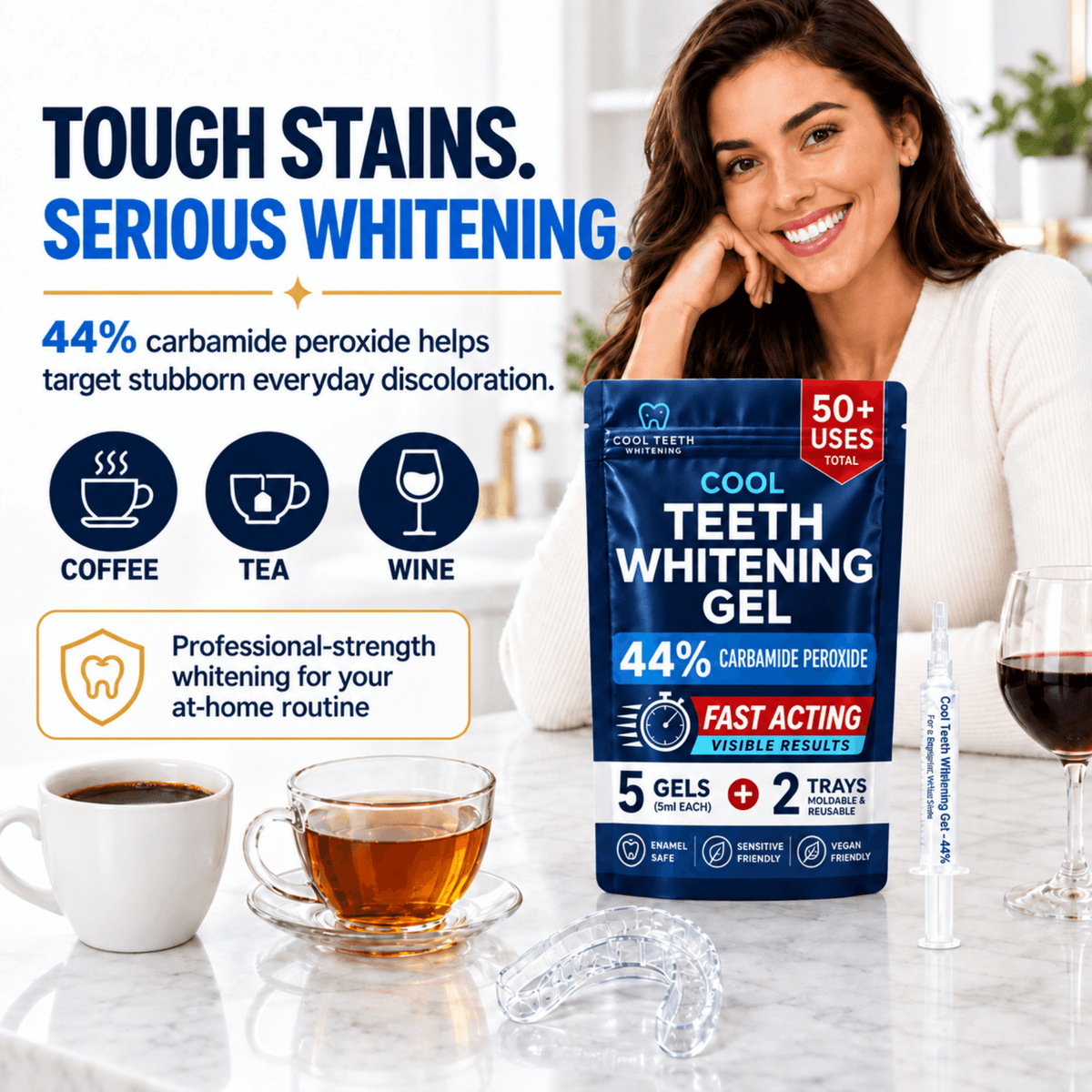 A woman smiling beside a package of Cool Teeth Whitening Gel on a kitchen counter, with cups of coffee, tea, and wine, plus a syringe and clear mouth trays. Large text reads 'TOUGH STAINS.