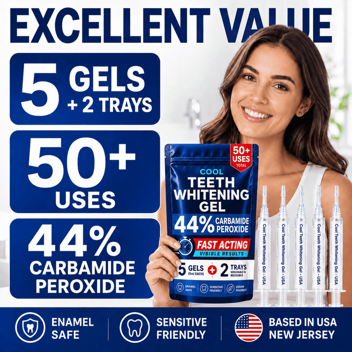 A woman holds a blue pouch of Cool Teeth Whitening Gel next to several single-use vials. Large promotional text on the left reads 'EXCELLENT VALUE' with claims for 5 gels plus 2 trays, 50+ uses, and 44% carbamide peroxide.