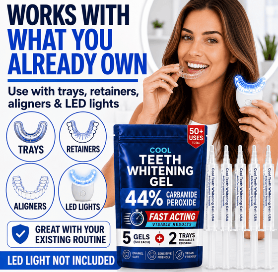 Teeth whitening kit advertisement featuring a woman holding a clear retainer and a glowing LED light device next to a blue bag of Cool Teeth Whitening Gel and several gel syringes. Text highlights compatibility with trays, retainers, aligners, and LED lights.